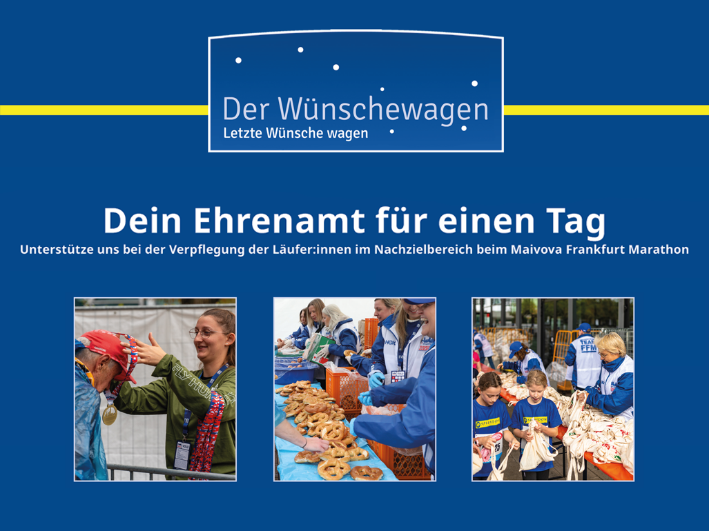 Bild mit dem ASB-Wünschewagen und einem Hinweis auf den Mainova Frankfurt Marathon 2025. Gesucht werden Ehrenamtliche, die nach dem Zieleinlauf Läuferinnen und Läufer versorgen.
