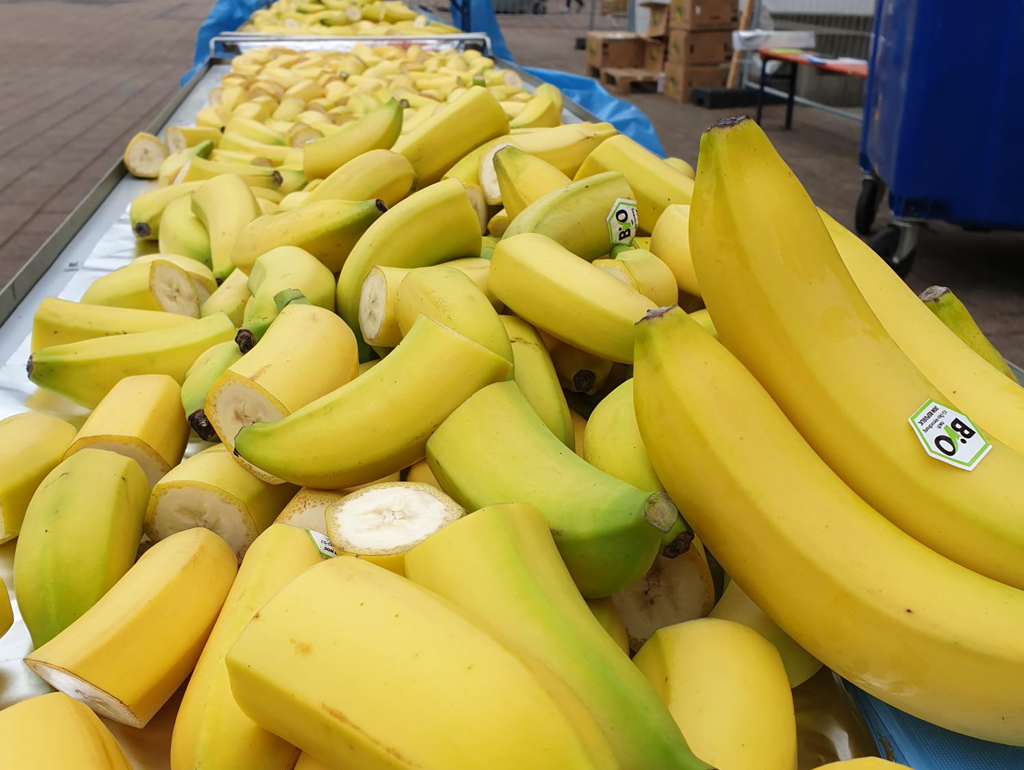 Nahaufnahme eines Tisches, der mit ungeschälten und in Stücke geschnittenen Bio-Bananen bedeckt ist, bereit für eine Marathon-Verpflegungsstation.